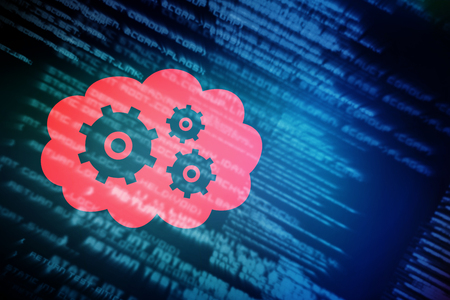 3D cogs and wheels in cloud against blue textsの写真素材