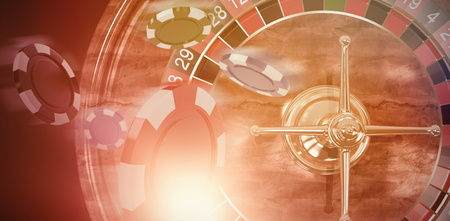 Vector image of 3D gambling chips against orange background with vignetteの写真素材