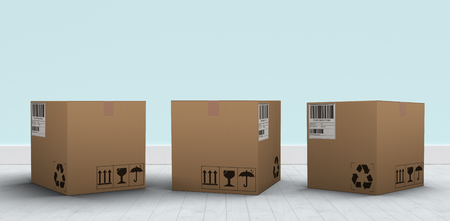Digital 3D image of brown parcel against blue wall by hardwood floor
