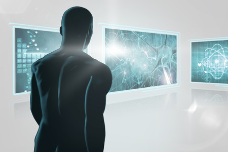 View of a 3D black character against composite image of different interface