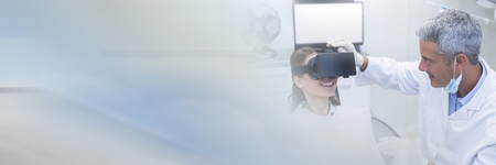 Digital composite of Dentist and woman with VR Headset and transition