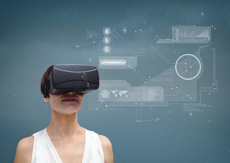 Digital composite of Woman in VR headset looking at interface against blue background