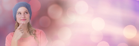 Digital composite of Thinking woman with sparkling light bokeh  transition
