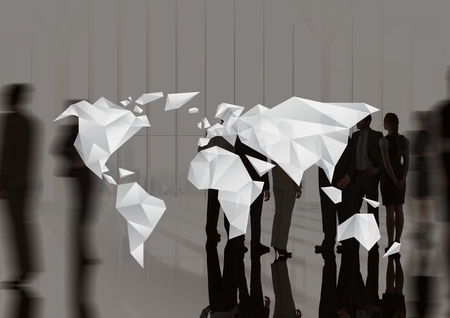 Digital composite of World map icon against office backgroundの写真素材