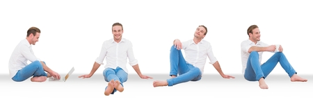Digital composite of Happy man sitting collageの写真素材