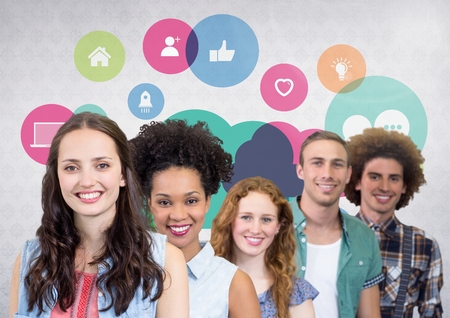 Digital composite of Group of people in front of app graphicsの写真素材