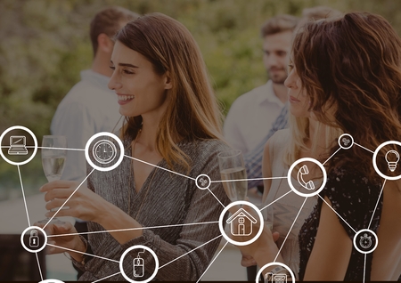 Digital composite of Connected icons against party backgroundの写真素材