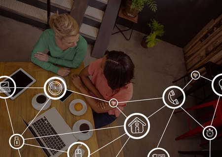 Digital composite of Connection icons against meeting backgroundの写真素材