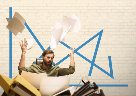 Digital composite of Frustrated business man throwing paper against white background with blue graphicsの写真素材