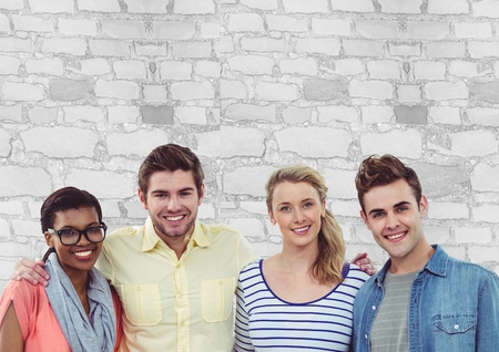 Digital composite of Group of people standing in front of bright brick wallの写真素材