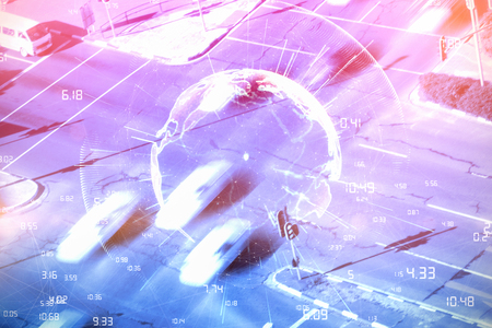 Image of earth with different times against blurred motion of vehicles on roadの写真素材