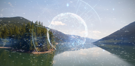 Image of earth with different times against trees on mountain range by riverの写真素材