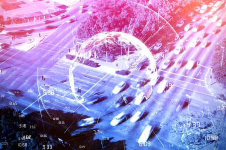 Image of earth with different times against blurred motion of vehicles on street