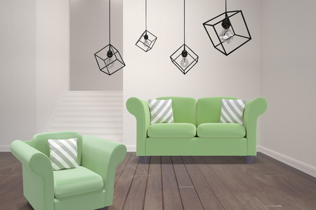 3d image of pendant light against white background against empty room