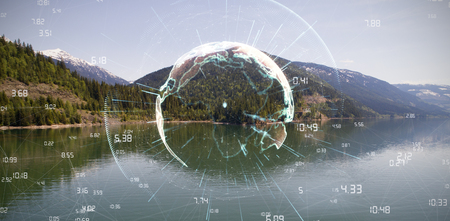 Image of earth with different times against mountain range by river against clear sky