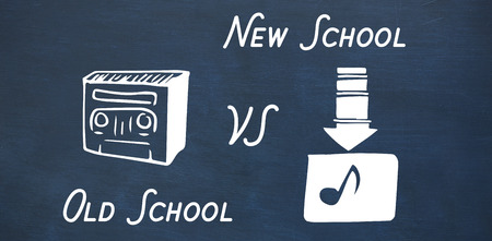 Digital composite image of landline phone and mobile phone with text against image of ac chalkboardの写真素材