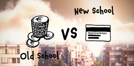 Digital composite image of euro coins and credit card with text against scenic view of orange sun over clouds during sunsetの写真素材