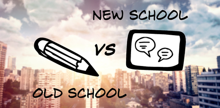 Digital composite image of pencil and smart phone with text against view of overcast against blue skyの写真素材