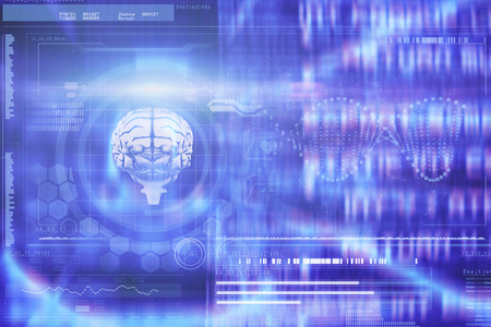 DNA helix and brain interface against abstract blue text