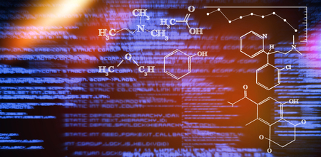 Digital image of chemical formulas against blue textsの写真素材
