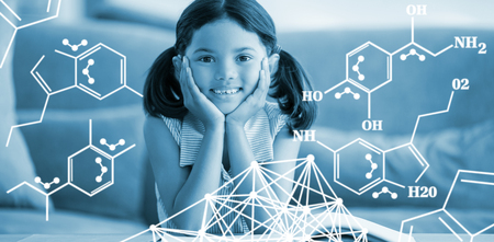 Chemical structure against white background against portrait of girl sitting with hand on face in living roomの写真素材