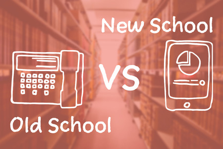 Digital composite image of landline phone and mobile phone with text against orange paperの写真素材