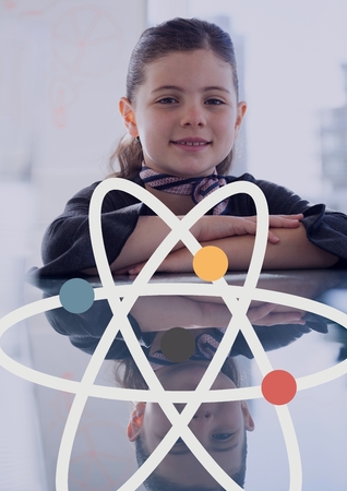 Digital composite of Science icon against office kid girlの写真素材