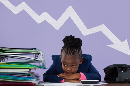 Digital composite of Sad office kid girl resting on the table against purple background with an arrowの写真素材