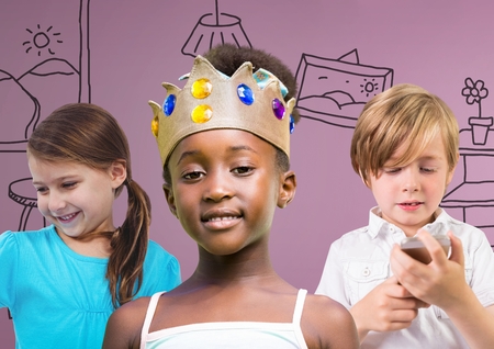 Digital composite of Girl wearing crown with friends in front of purple background with home graphicsの写真素材