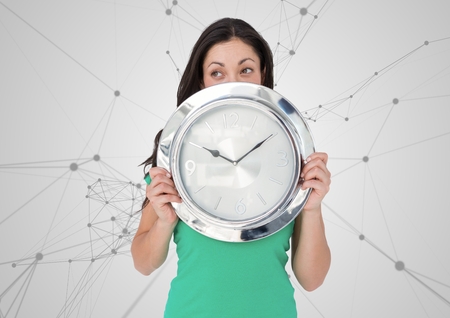 Digital composite of Woman holding clock in front of scientific connections