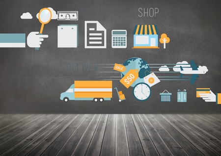 Digital composite of Online shopping graphics in front of blackboardの写真素材