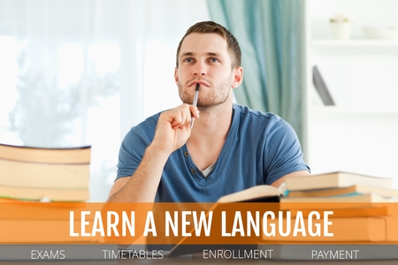 Digital composite of Education and learn a new language text and man thinking at a libraryの写真素材