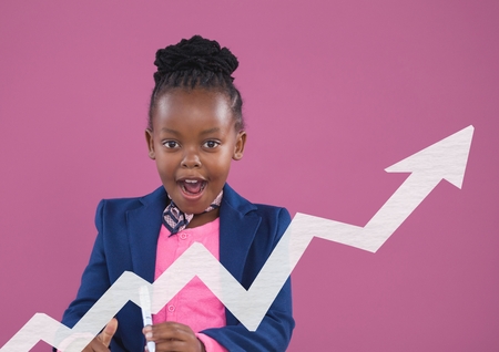 Digital composite of Arrow against surprised office kid girl with a pink backgroundの写真素材