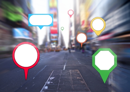 Digital composite of City with colorful marker location pointersの写真素材