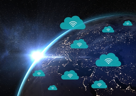 Digital composite of Planet earth with icons of clouds and wifiの写真素材