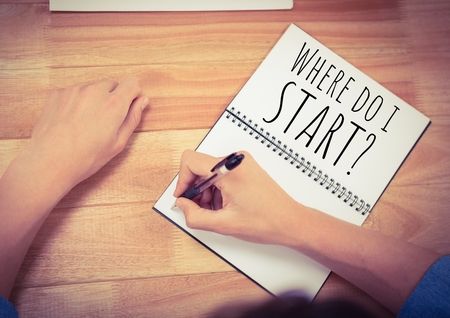 Digital composite of Where do i start? written on page on deskの写真素材
