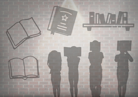 Digital composite of book reading silhouette graphics over wall backgroundの写真素材