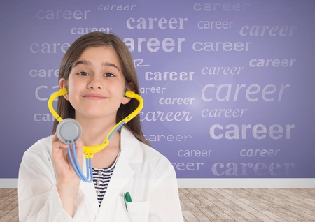 Digital composite of Doctor girl with career text blank room with purple backgroundの写真素材