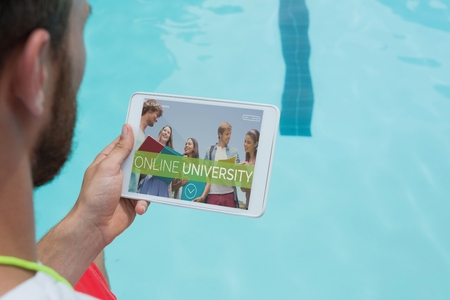 Digital composite of Man holding a tablet with e-learning information in the screenの写真素材