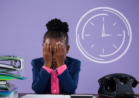 Digital composite of Office kid girl thinking against purple background with clock icon