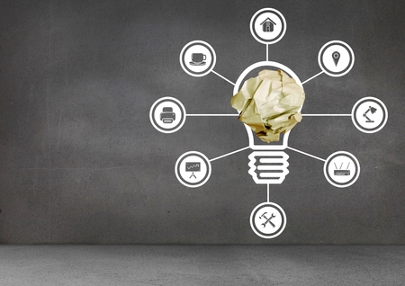 Digital composite of light bulb with crumpled paper ball and connectionsの写真素材