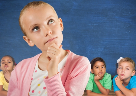 Digital composite of Girl thinking in front of friends and blue wallの写真素材