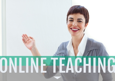 Digital composite of Education and online teaching text and happy woman pointing at a boardの写真素材