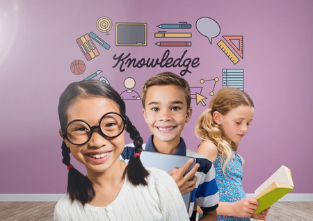 Digital composite of Clever kids with blank room background with knowledge graphicsの写真素材