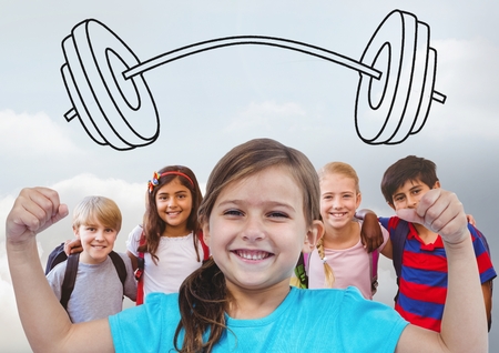 Digital composite of Girl flexing muscles with friends in front of grey background and barbell weights drawingの写真素材
