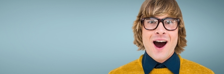 Digital composite of Surprised man against wide blank blueの写真素材