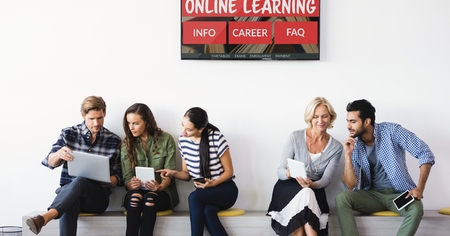 Digital composite of People sitting under a TV with e-learning information in the screen