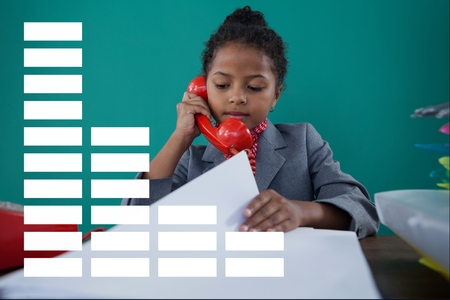 Digital composite of Infographics against office kid girl talking on the phone backgroundの写真素材