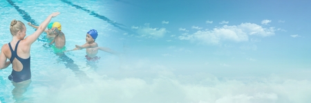 Digital composite of Swimming Trainer with children in Swimming pool with sky transitionの写真素材