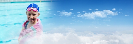 Digital composite of Girl with towel at Swimming pool with sky transitionの写真素材
